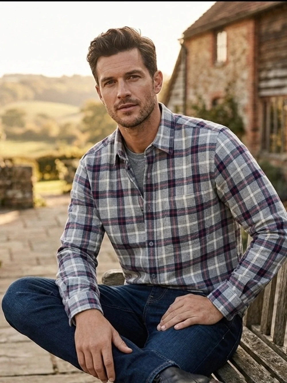 Banana Republic Lightweight Gray Blue Plaid Flannel Shirt Mens Medium